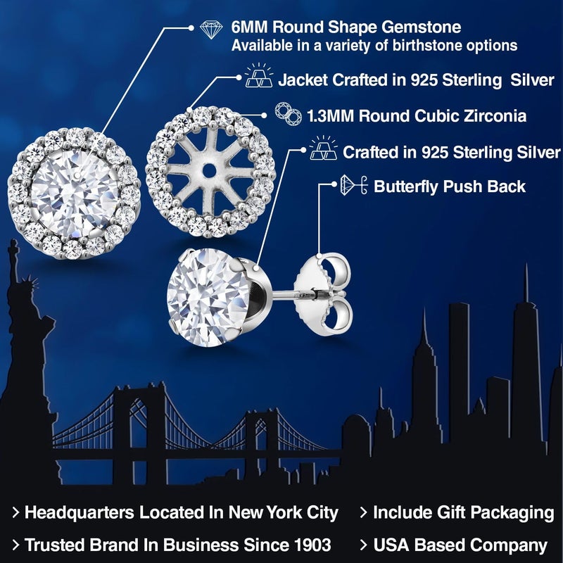 Gem Stone King 6MM Round Gemstone Birthstone Removable Jacket Stud Halo Earrings For Women | 925 Sterling Silver | Fine Jewelry Gifts for Her Mom Women Wife - Image 2